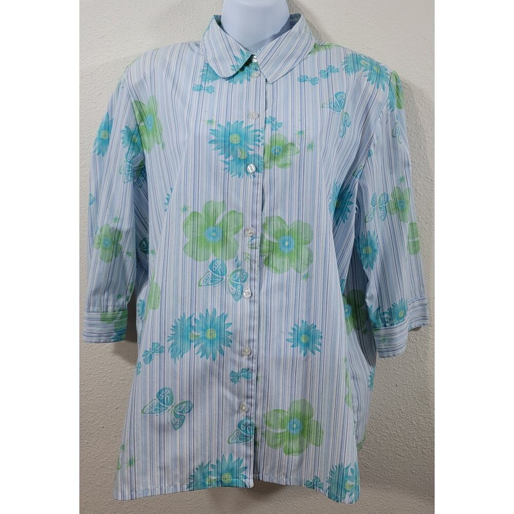 Allison Daley Blue Green Striped Floral Butterflies Button Up Top 16 Lightweight